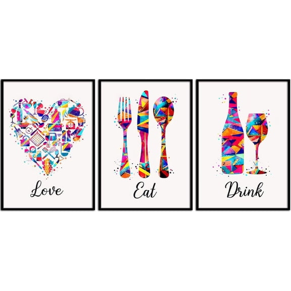 Set of 3 Colorful Kitchen Canvas Wall Art Funny Dining Room Art Picture Knives Forks Wine Glasses Painting Print Home Art Posters Unframed Colorful 12x16 inches x3 Pieces Unframed
