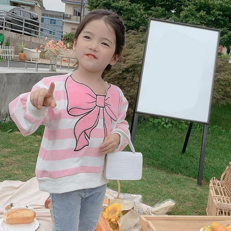 

Spring Autumn Girl Striped Sweatshirts Bow Loose Fit Long Sleeve Tops Toddler Drop Shoulder Clothing for Kids
