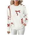 thumbnail image 2 of Uootdi Christmas Women's Bow Graphic Sweater Crew Neck Long Sleeve Knit Pullover Trendy Fall Winter Top Soft Cozy Casual Jumper Cute Ribbon Print Sweater for Daily Outfits, 2 of 8