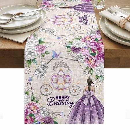 Happy Birthday Cotton Linen Table Runner Watercolor Purple Floral Butterfly Carriage Linen Texture Dining Table Runners for Home Decor Party Dining Room Restaurant Kitchen Party 13 x 72