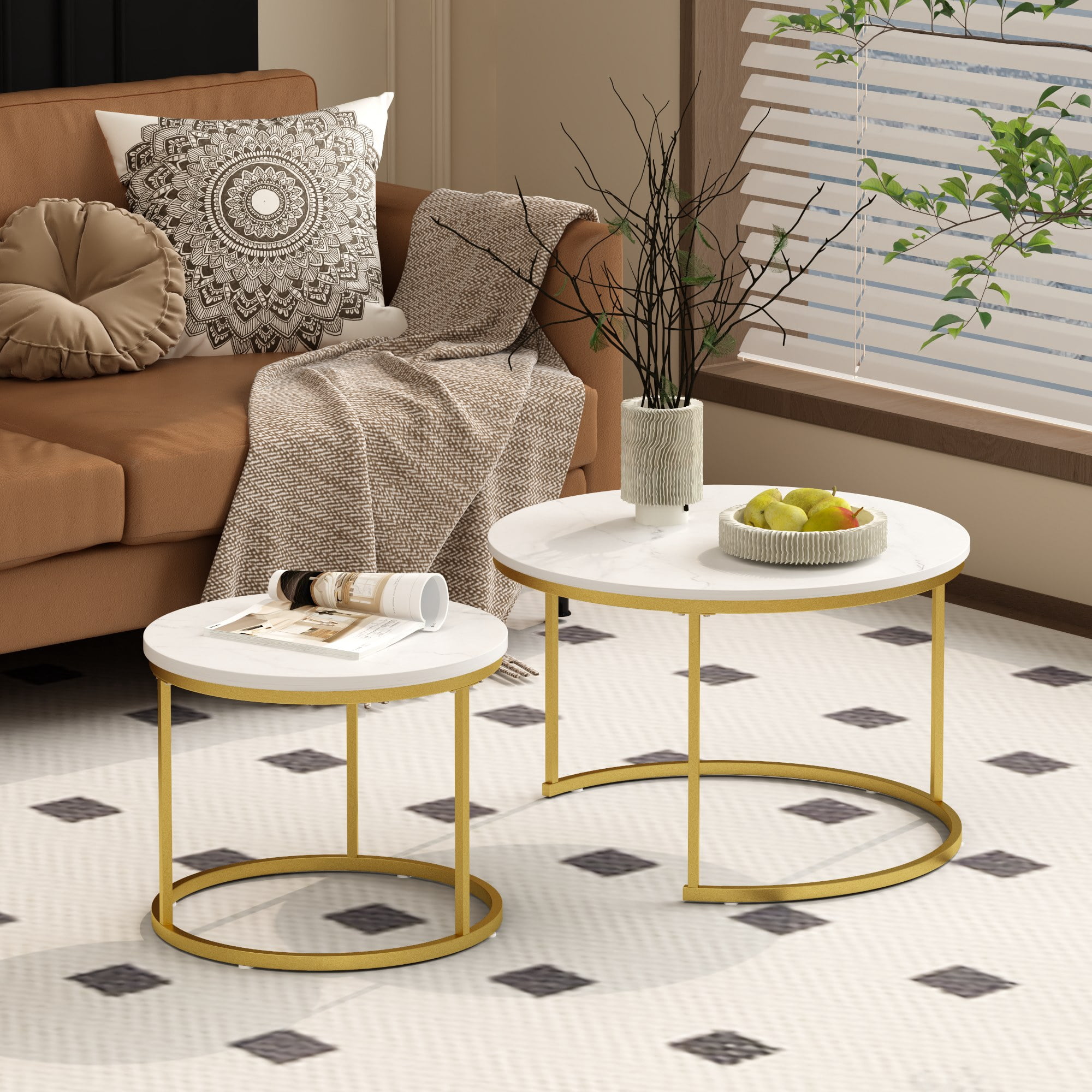 27.6in Nesting Coffee Table Set of 2, Round Coffee Table Wood Marble Pattern Top with Sturdy Metal Frame, End Table Side Tables for Living Room Bedroom Balcony Yard (White)