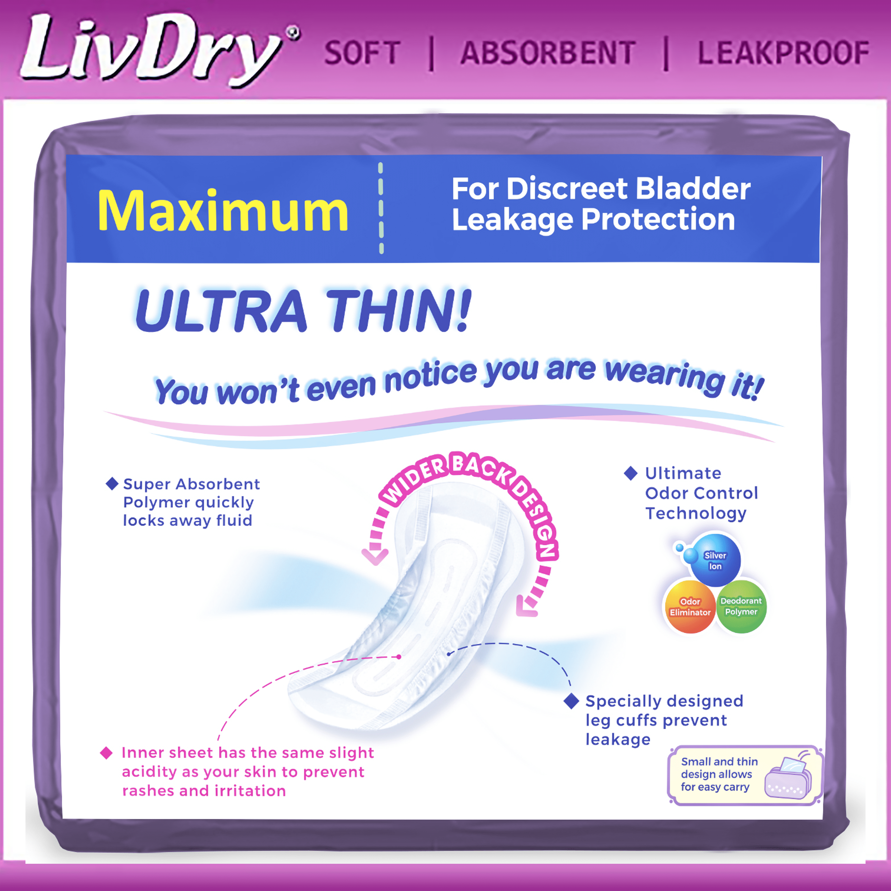 LivDry Female Incontinence Ultra Thin Pads | Leak Protection + Odor Control (Maximum, 72-Pack)