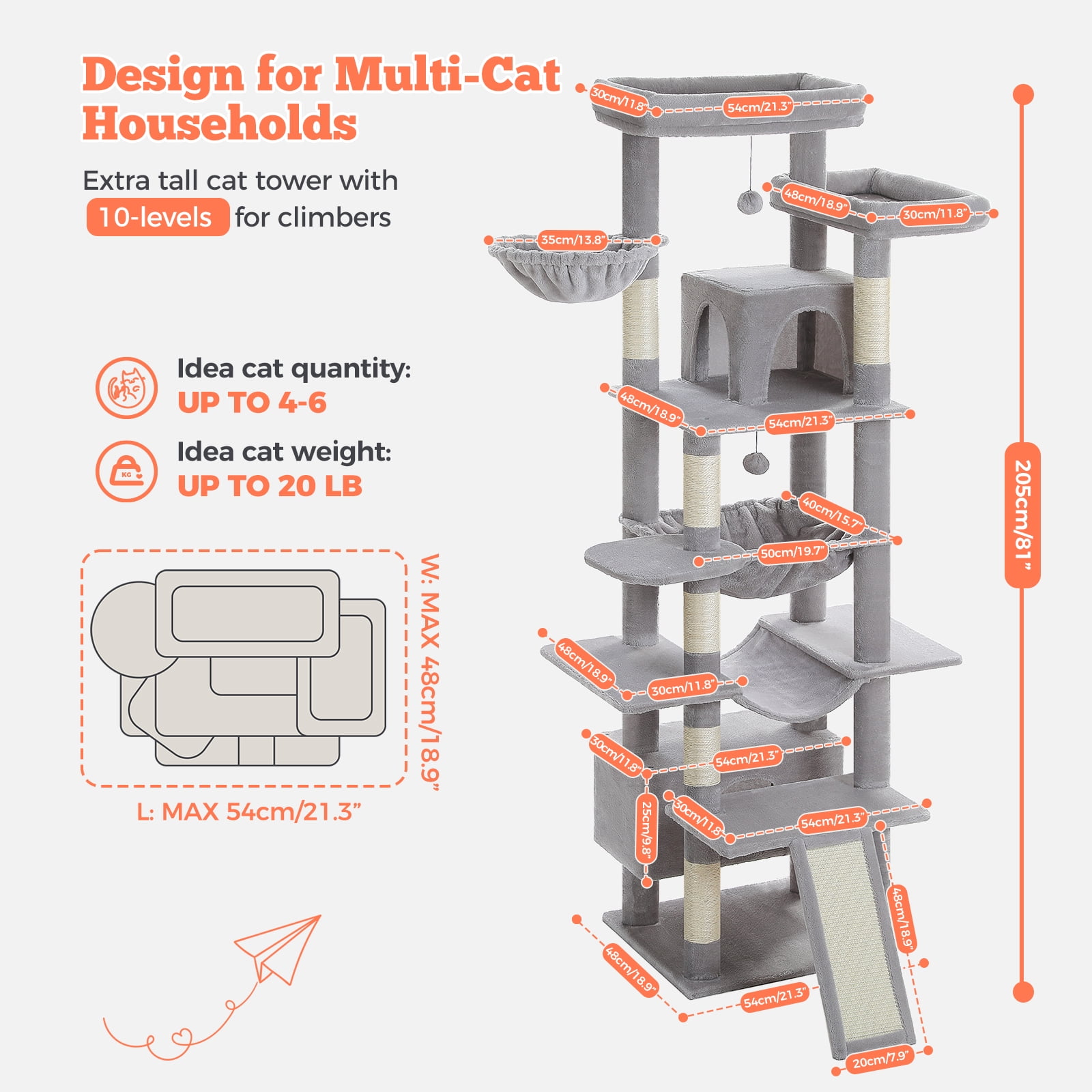 Pefilos 81" Tall Cat Tree for Indoor Cats, Multi-Level Cat Tower with Metal Frame Hammock, Scratching Ramp, 2 Top Perches, 2 Cozy Condos & 6 Scratching Posts, Gray