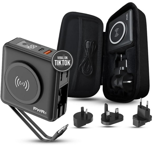 Cargador Portátil PWR Travel Pro Negro 5 en 1 con Carga Rápida 20W y 15W Inalámbrica 10000mAh Incluy
