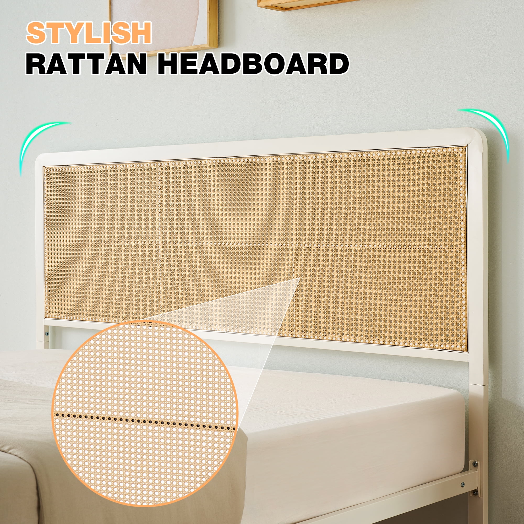 Full Size Bed Frame with Rattan Headboard and Footboard, Platform Full Bed Frame with Safe Rounded Corners, Strong Metal Slats Support, Mattress Foundation, Noise-Free, White