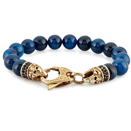 Crucible Polished Blue Agate Gold Plated Stainless Steel Skull Clasp Beaded Bracelet (10mm), 8.5