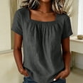 thumbnail image 2 of Lenpel Linen Tops for Women Cotton Square Neck Pleated Solid Color Loose T-Shirts Summer Casual Tunic Blouses, 2 of 5