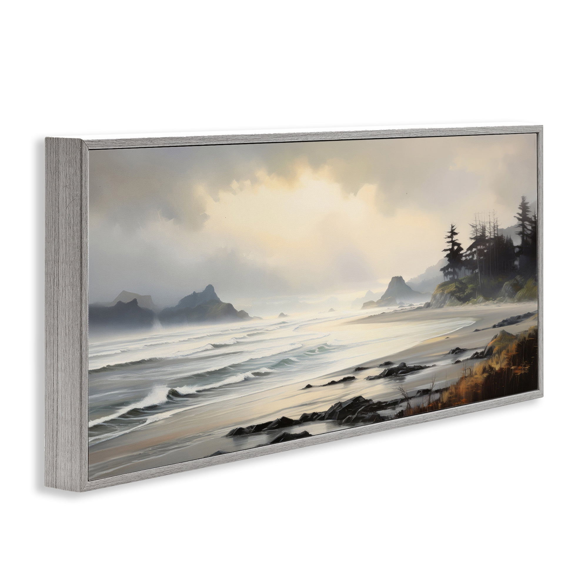 Stupell Industries Coastal Shore Inlet Coastal Painting Gray Framed Art Print Wall Art, 24 x 10