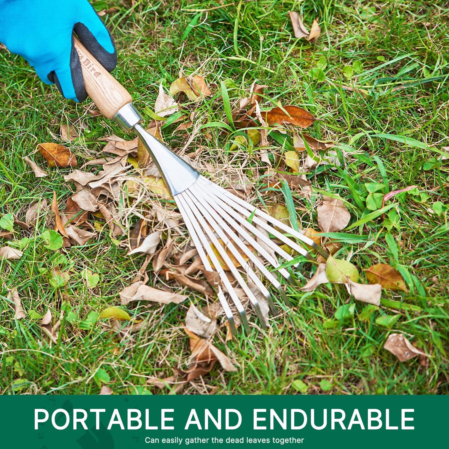 Gardening Hand Shrub Rake, 14.7" Stainless Steel Grass Rake, 9 Tines Fan Lawn Leaf with Ergonomic Wooden Handle, Small Hand Rake for Sweep Leaves & Loose Debris in Garden, Lawns and Yards