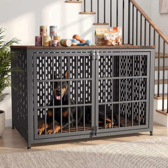 YOKWOK 48 Inch Large Furniture-Style Dog Crate, Heavy Duty Chew-Proof Metal Dog Cage with Water Resistant Wooden Top & Double Lock Doors, XL Indoor Dog Kennel for Large Dogs, Brown