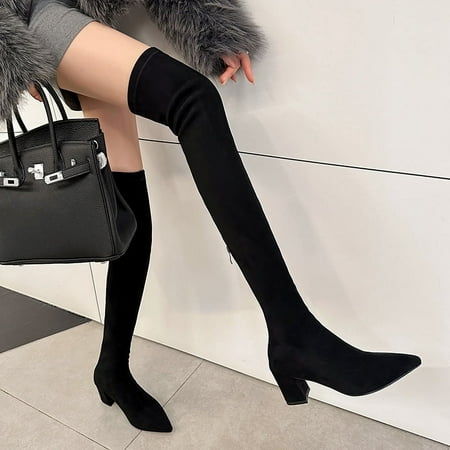 

HHH Boots Female Springy Thigh Boot Pointed Toe High Heel Boots Female over the Knee Boots Suede High Leg Boot Khaki