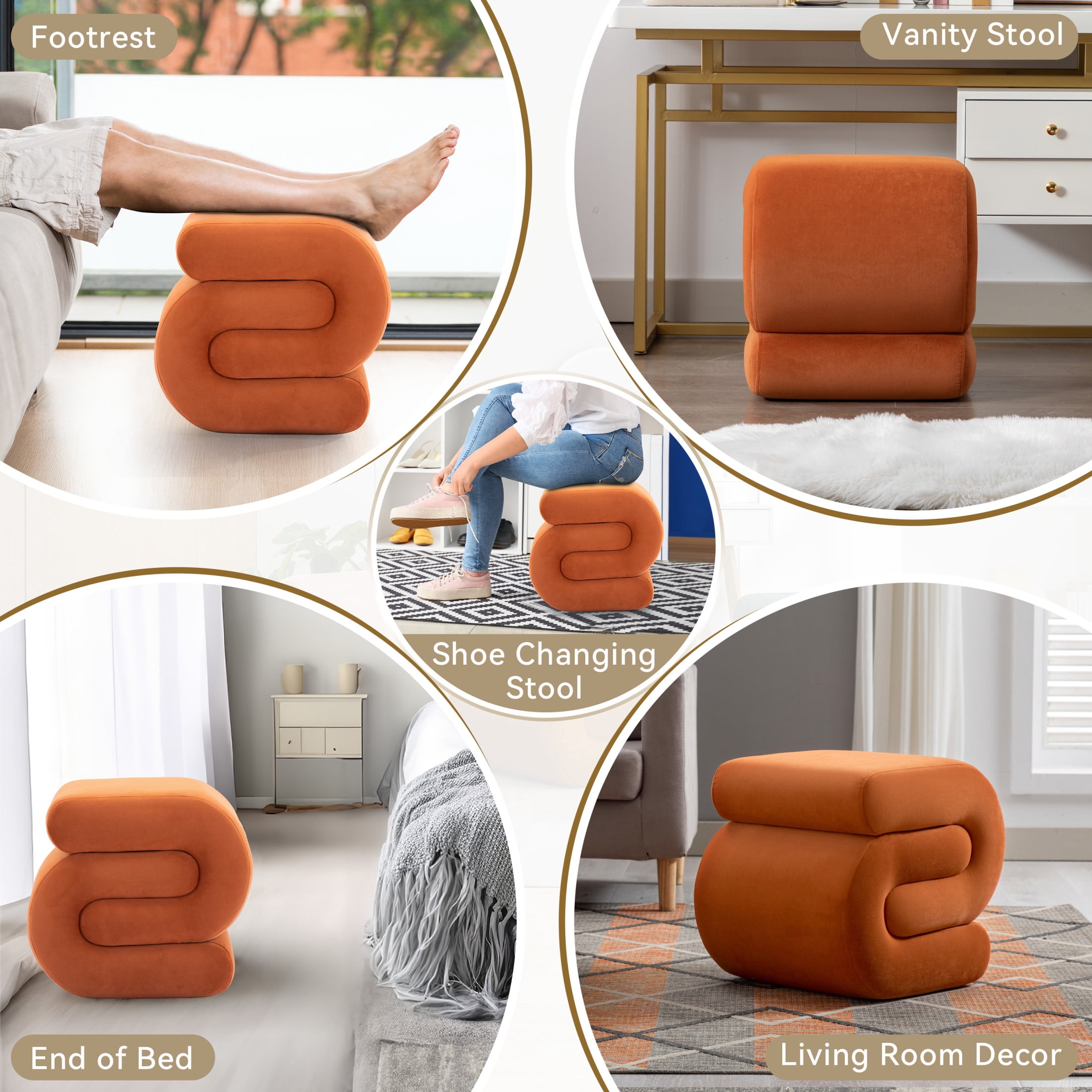 Noble House Rache 19" S-Shape Velvet Accent Ottoman, Plush Makeup Footrest Table Stool with Foam, Orange