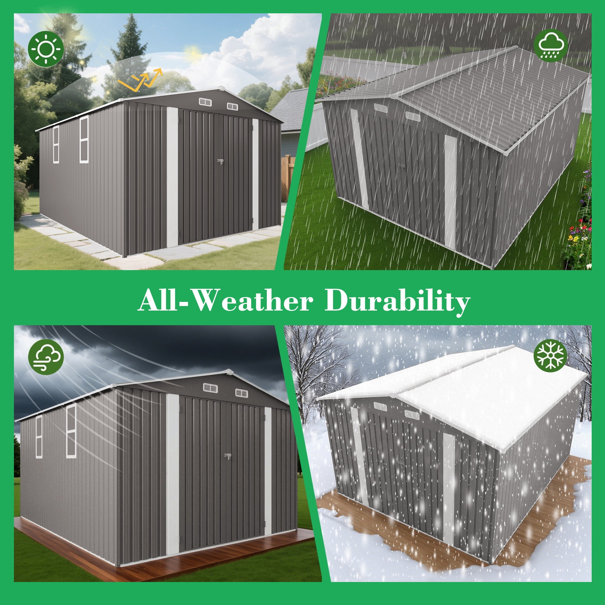 10x12 FT Outdoor Metal Storage Shed with Double Doors & Two Windows, Large Waterproof Garden Shed for Lawn Mowers, Bike, Pool Equipment, Patio Furniture, Trash Bins, Backyard, Grey