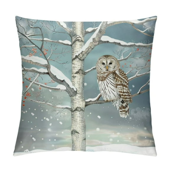Orinice Snowy Tree Owl Graphic Decorative Cushion Throw Pillow Cover 1PC Winter Print for Home Living Room Sofa Bed - Aesthetic Decor 12x12in