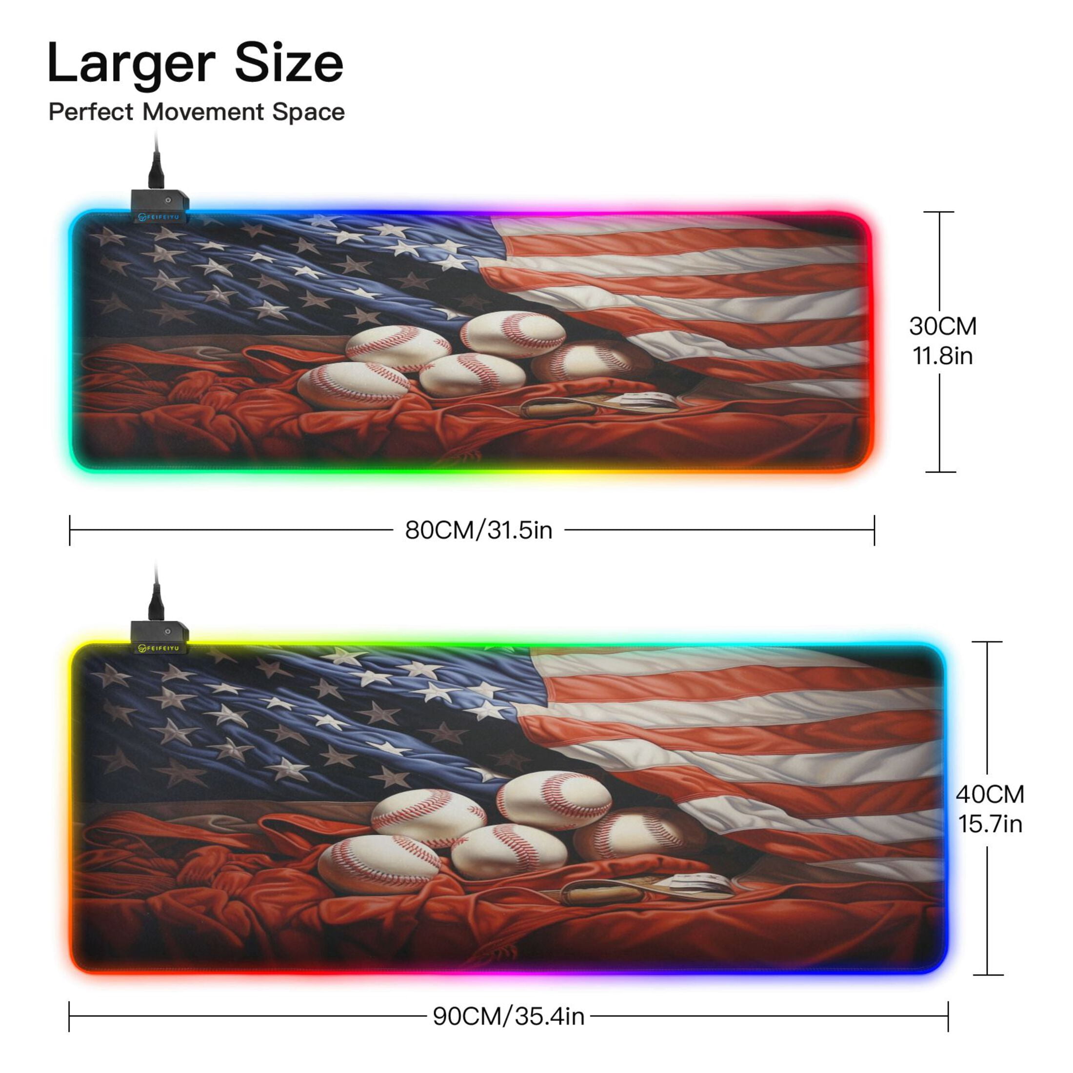 Wireless Charging Mouse Pad Large RGB Gaming Desk Mat 13 Light Modes Mousepad 31.5x11.8 American Flag and Baseball