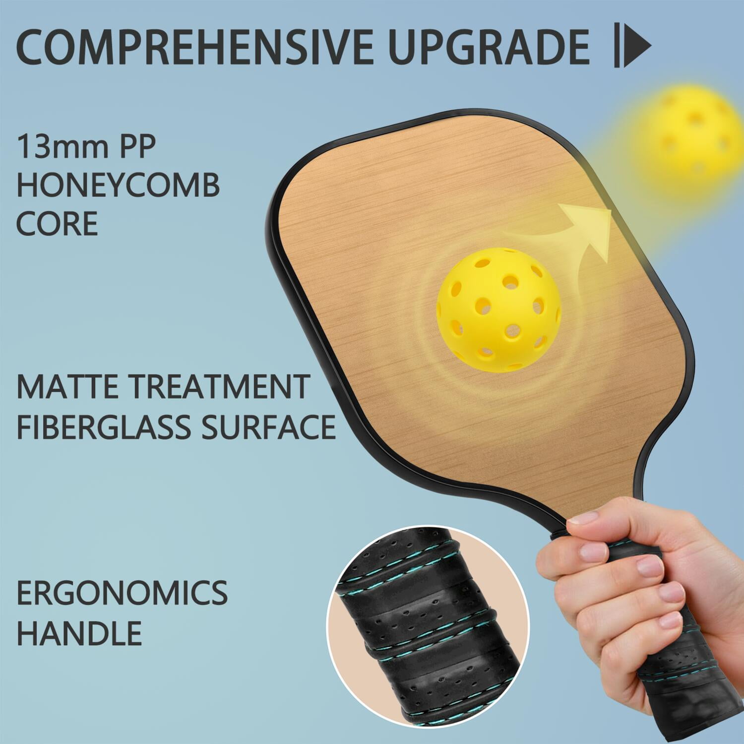 Pickleball Paddles Set Of 2, Fiberglass Surface, Wood Grain Print, 4 Balls & Bag