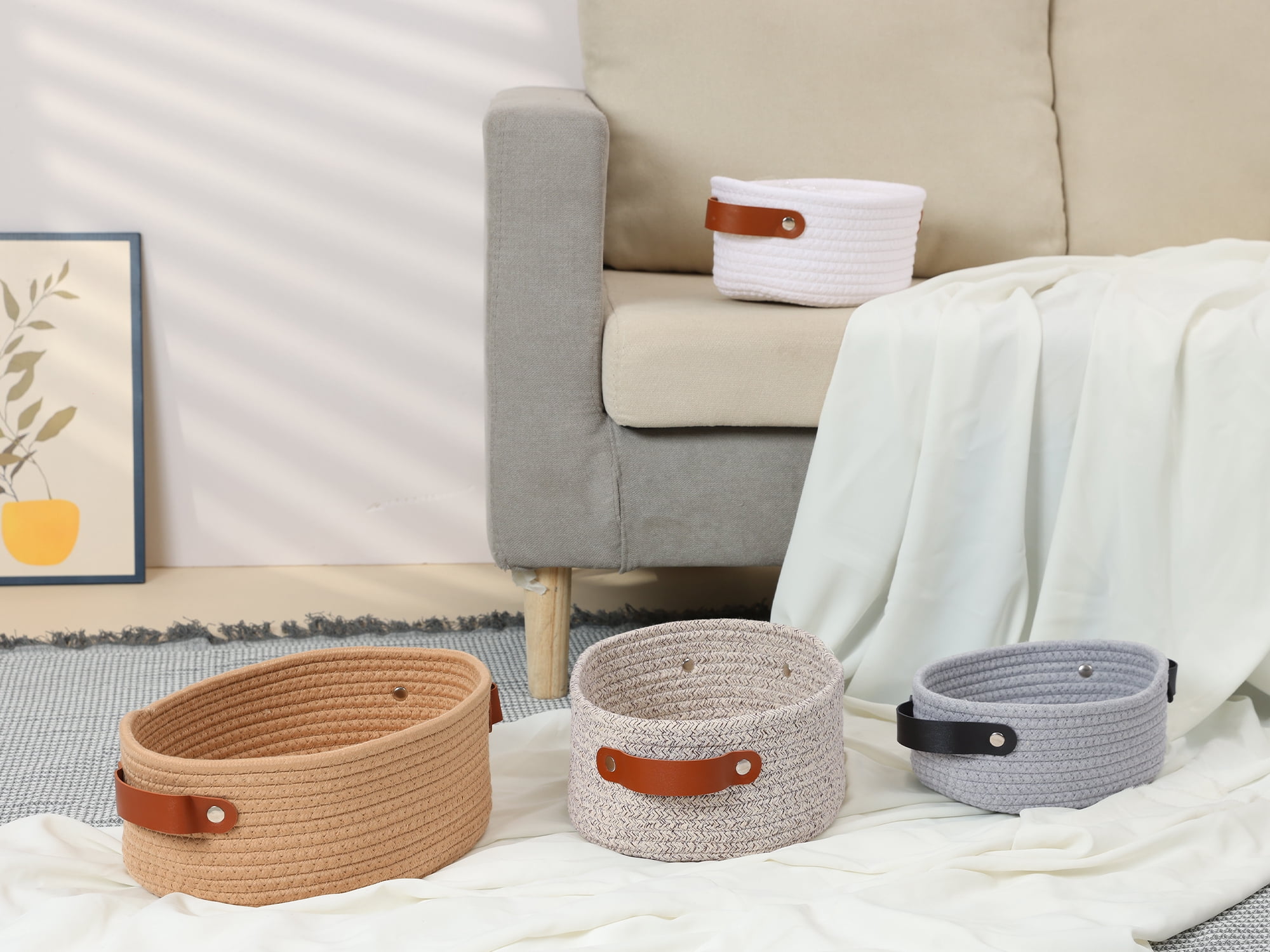 Unique Bargains 3Pcs Woven Storage Basket White 11.8*9.1*4.7in