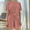 thumbnail image 2 of tarylea Lightweight Summer Pajamas 2 Piece Outfits Crew Neck Shorts Sleeve Tops Elastic Waist Shorts Solid Color Casual Loose Comfy Homewear Suits, 2 of 5