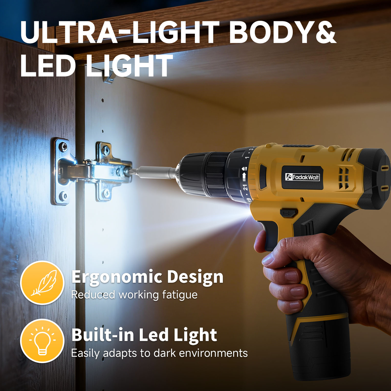 Fadakwalt 12V Cordless Drill Driver with Bits, Yellow photo 5