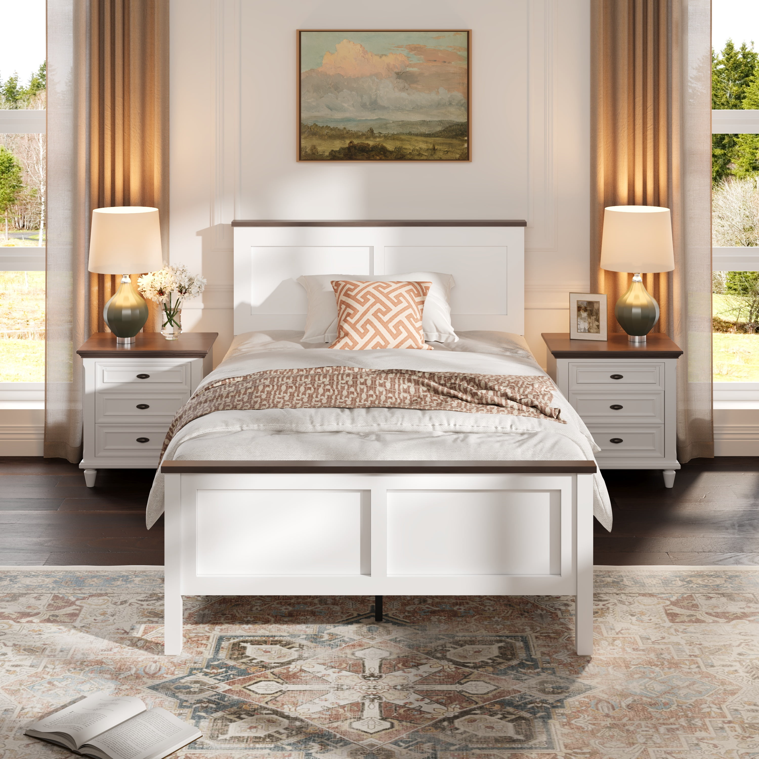 PAPROOS White Wooden Twin Platform Bed Frame with Headboard and Footboard, Twin Size Bed Frame, No Box Spring Needed