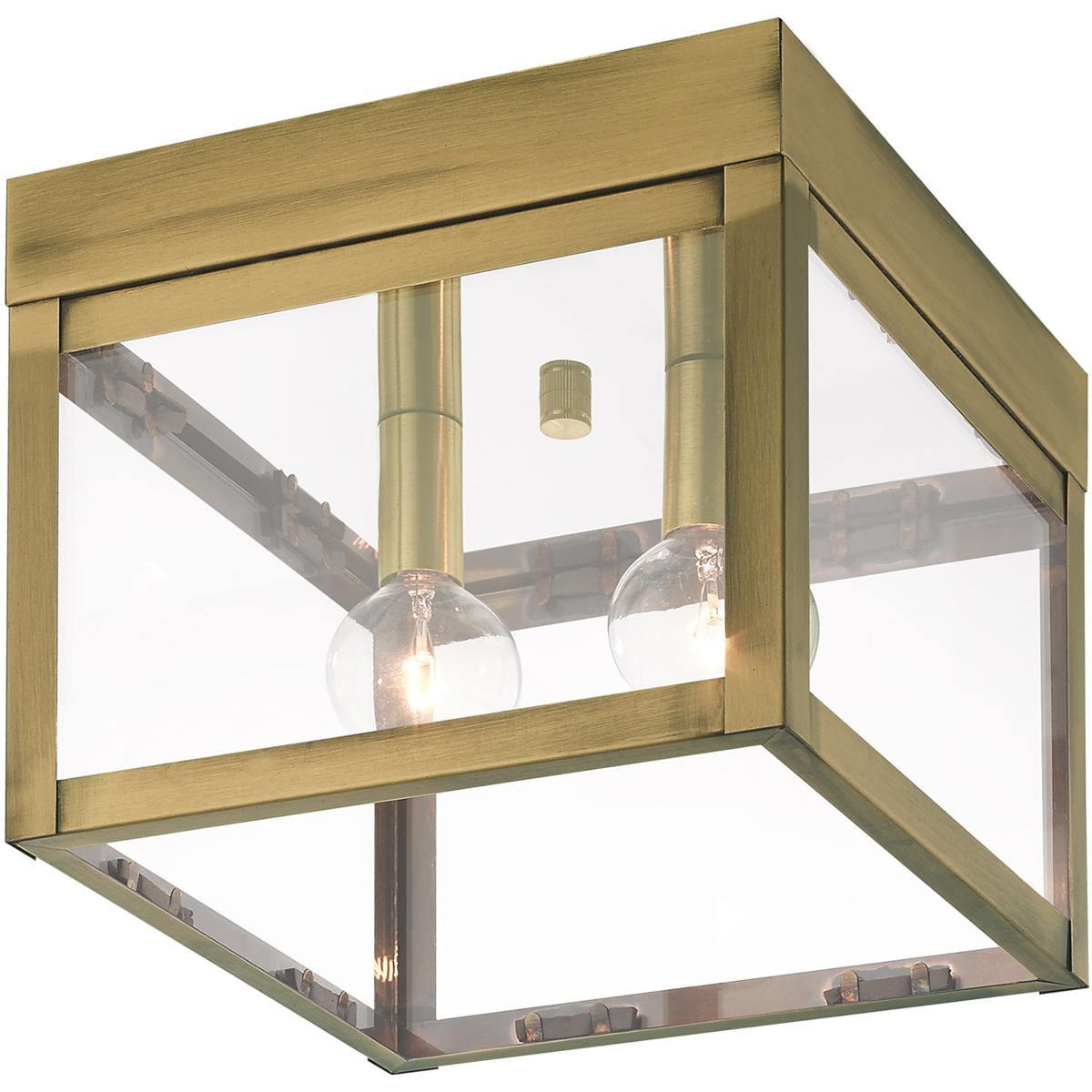 8 inch 2 Light Antique Brass Outdoor Ceiling Light fixture with Clear Glass Shade
