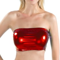 SWSMCLT Women's Metallic Crop Tops Bandeau Tube Top Soft Shiny Strapless Rave Halloween Sexy Smooth Fitted Red Large