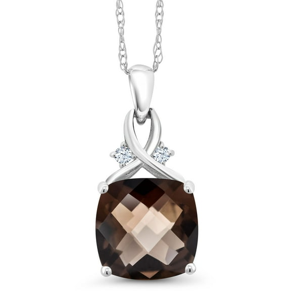 Gem Stone King 10K White Gold Brown Smoky Quartz and White Created Sapphire Pendant Necklace for Women (3.13 Cttw, Gemstone, Cushion Checkerboard Cut 10MM, with 18 inch Chain)