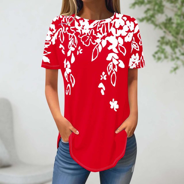 Blouses pour Femmes, Mode Féminine Blouse à Manches Courtes Col Rond Hauts Décontractés