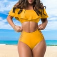 thumbnail image 3 of 1 Set Sexy Off Shoulder Bikini Set Ruffled Trim Bandeau Bra High Waist Hollow Out Swimming Trunks Set Push Up Swimwear, 3 of 7