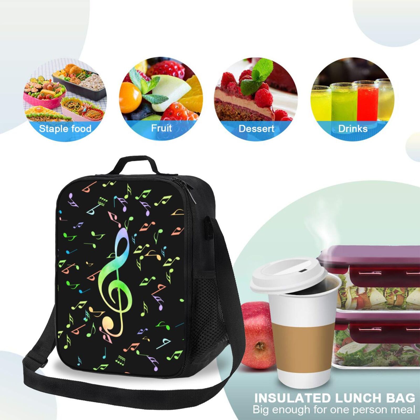 Horeoi Music Notes Pattern Insulated Thermal Lunch Bag with Leakproof Compartments for Office School Picnic Reusable Oxford Tote