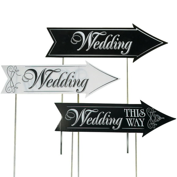 3 Sets Wedding Party Directional Road Sign Arrow Decorative Sign Outdoor Lawn Plastic Plug Decorations (2pcs Black and 1pc White and 6pcs Iron Stakes, Random Style Iron Stick)