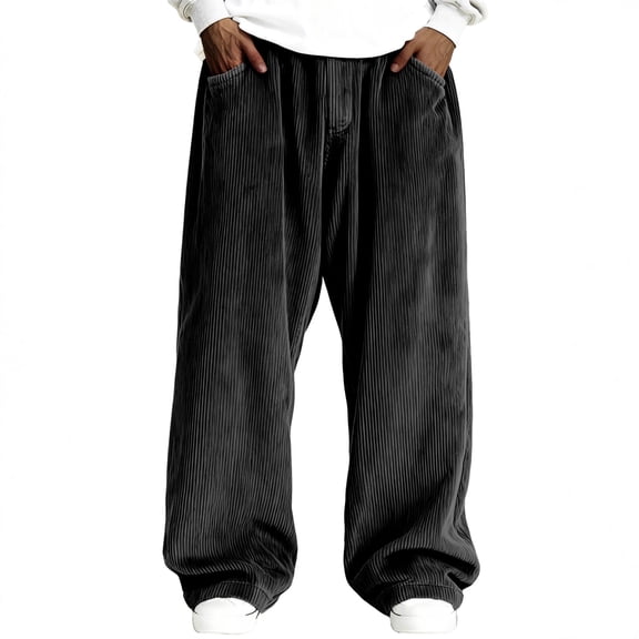 Men Corduroy Wide Leg Pants Loose Fit Straight Trousers with Elastic Waist Casual Streetwear Style Black L