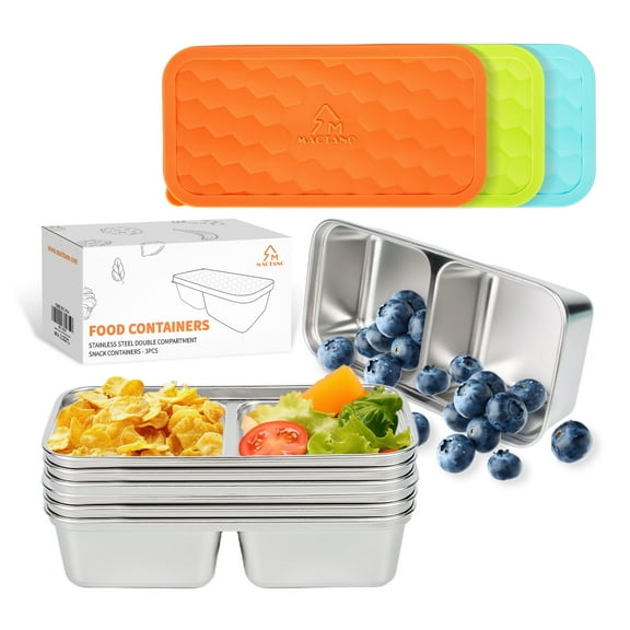 MACTANO Stainless Steel Snack Containers 15OZ Double Compartment Reusable Snackle Box with Lids 3PCS