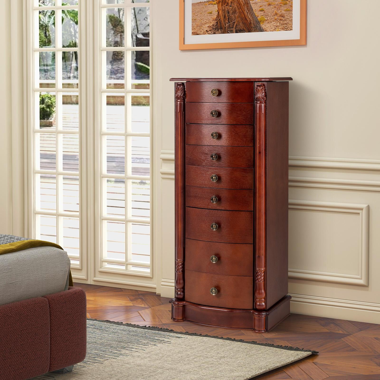 Giantex Large Capacity Jewelry Armoire with Flip Up Mirror and 8 Drawers Walnut Walmart
