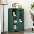 thumbnail image 2 of Knubmt Wooden Storage Cabinet with 1 Open Shelf and Inner Shelf, 2 Glass Doors Floor Storage Cabinet for Living Room, Bathroom, Entryway, Office, Green, 2 of 6