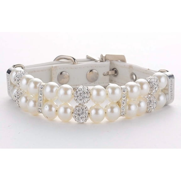 PU Leather Pearl Pet Collar Crystal Rhinestone Diamond Decor Adjustable Neck Strap For Small Dogs Cats White