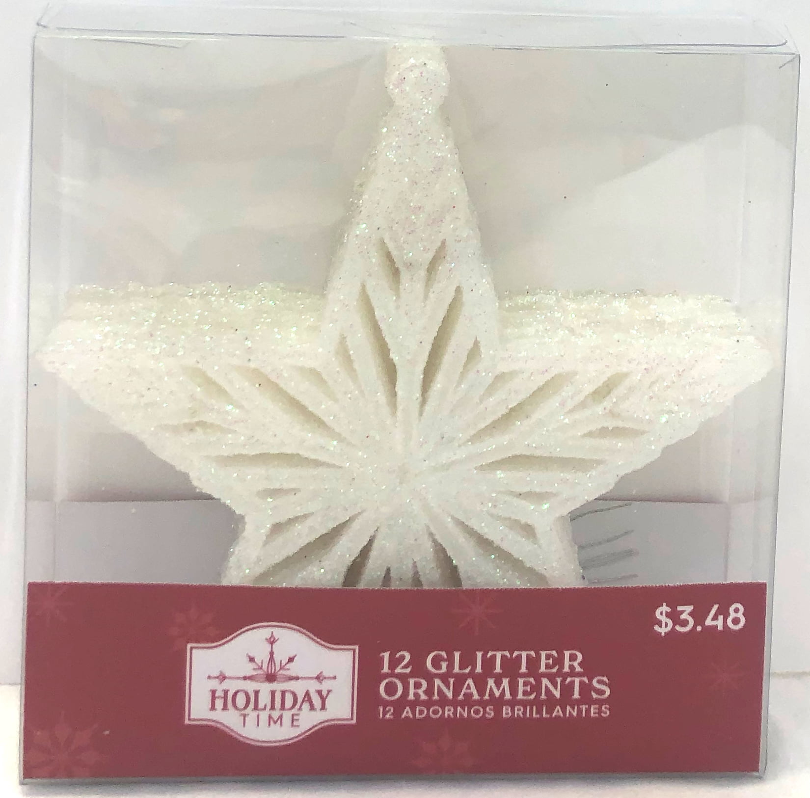 Holiday Time, White Glitter Star Christmas Shatterproof Ornaments , 12 Count
