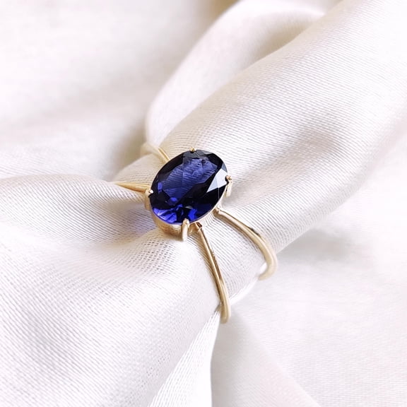 Natural Iolite Ring, 14K Solid Yellow Gold Iolite Ring, Iolite Cross Ring, September Birthstone Ring, Iolite Jewelry, Statement Ring