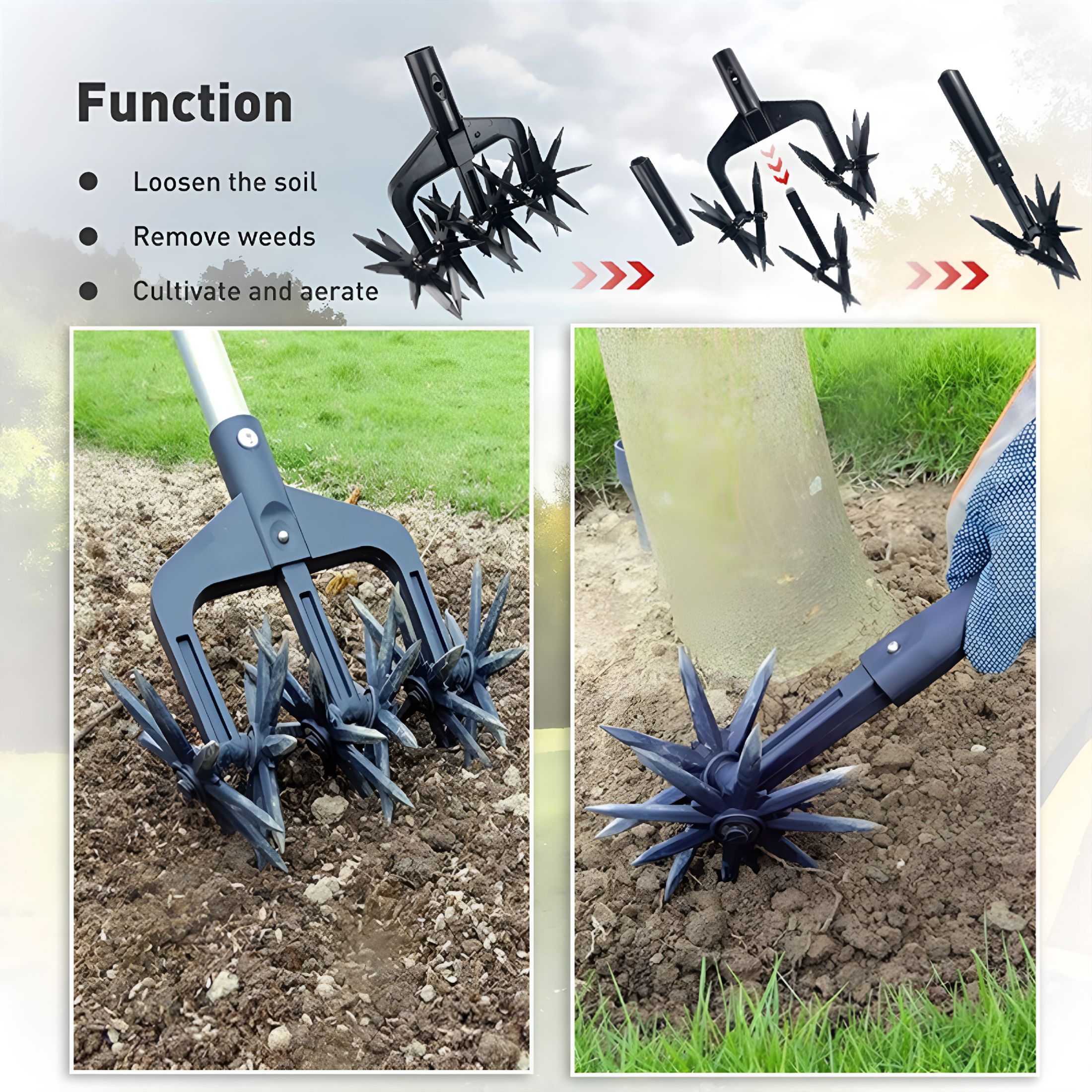 CURYMAY 2026 New Gardening Rotary Tiller,Manual Cultivator,Hand-Held Garden Cultivator with Detachable Tines,Reseeding Grass Or Terra Mixing (Without Pole)