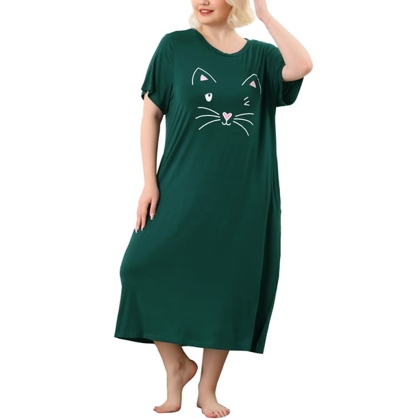 Women's Plus Size Nightgown Cat Print with Pocket Sleep Dress Sleepwear Dark Green 1X