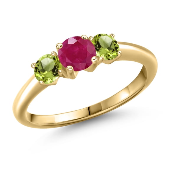 Gem Stone King 10K Yellow Gold Red Ruby and Green Peridot Engagement Ring for Women | 1.15 Cttw | Round 5MM | Gemstone July Birthstone | Size 5