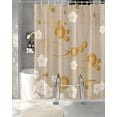 thumbnail image 3 of Split Shower Curtain for Transfer Bench, Yellow Flower Fabric Shower Curtains for Bathroom, Japanese Style Floral Leaf on Linen Tub Sliding Transfer Bench Waterproof Bath Curtains 72"x78", 3 of 9