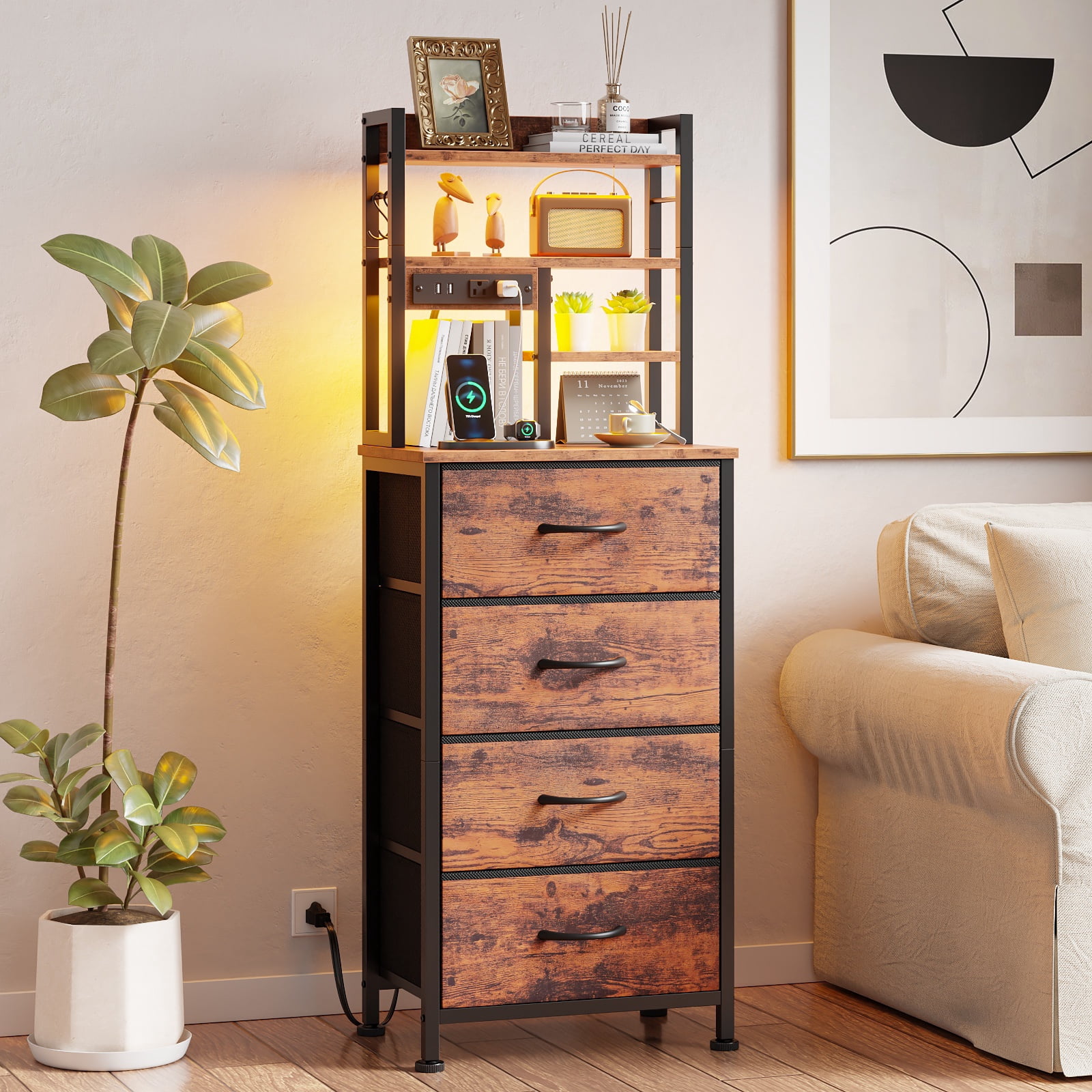 Satifur Tall Nightstand with Charging Station and LED Lights, Bedside Table with 4 Drawers and Bookshelf, Rustic Brown