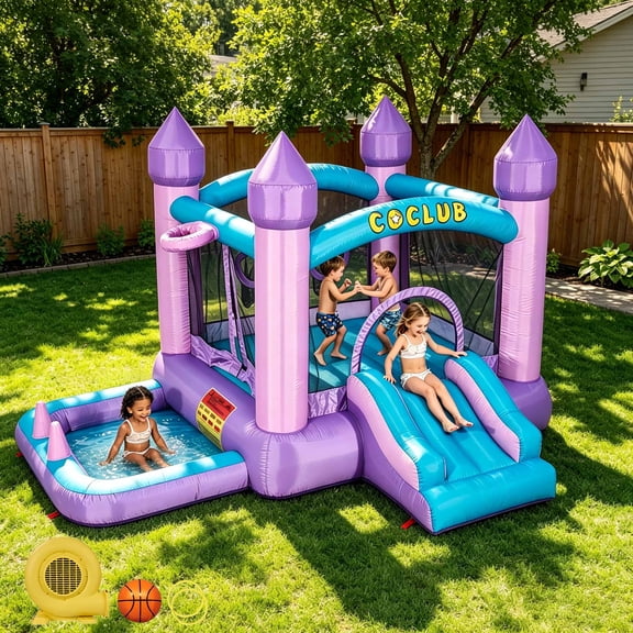 COCLUB Inflatable Bounce House for Kids Outdoor & Indoor, Toddler Bouncy Castle with Slide, Blower, Ball Pit - 6-in-1 Jumping Toy for Ages 2-5 (154x113x90”)