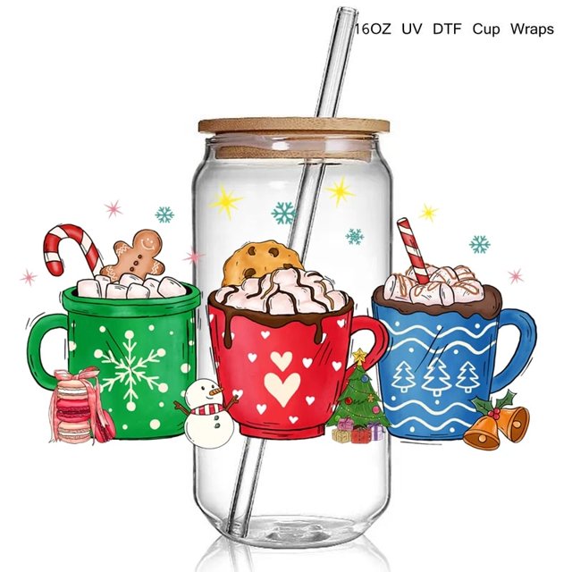 30+New Best Seller Cute Christmas Design 3D UV DTF Cup Wrap Transfers Stickers Waterproof 16oz Glass Christmas UV DTF Wrap
