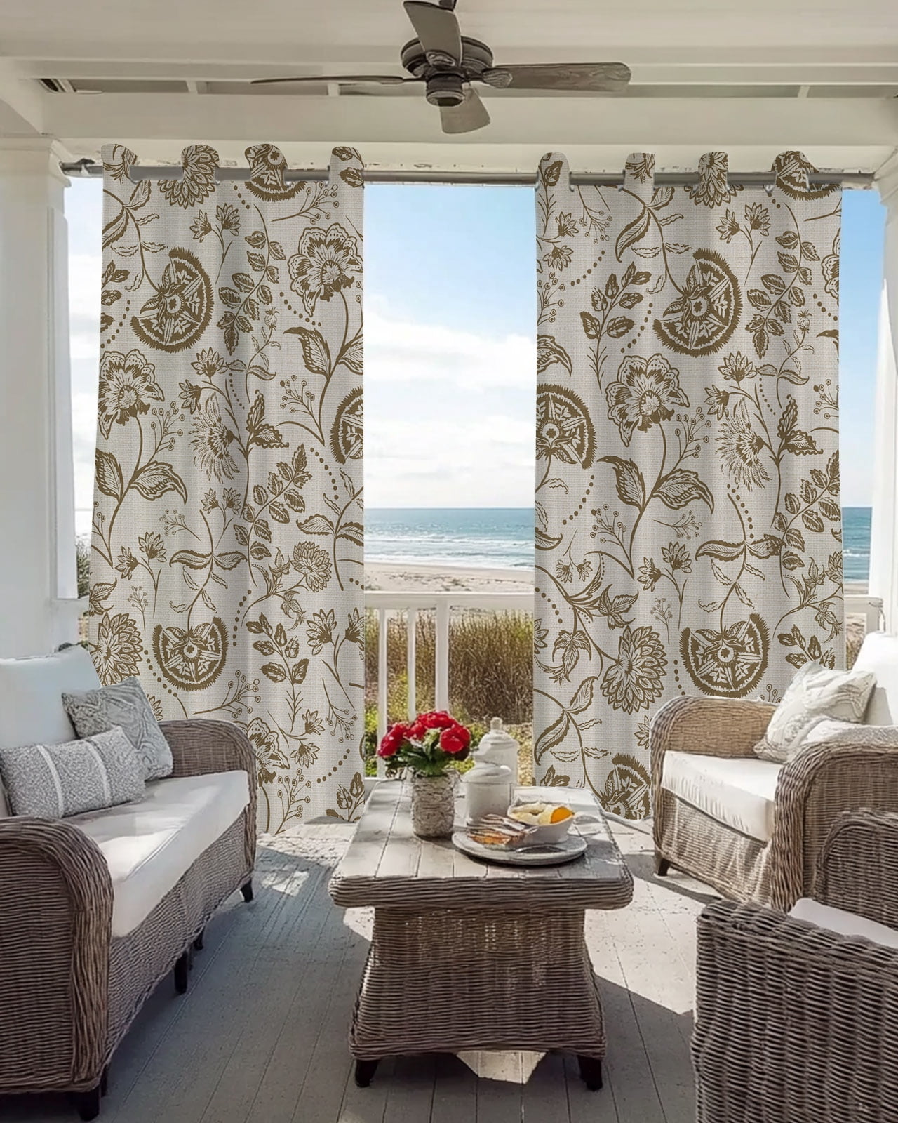 Farmhouse Brown Floral Blackout Curtains for Bedroom Living Room, Linen Boho Flower Rustic Country 72 In Long Thermal Insulated Room Darkening Drapes Grommet Window Treatments, 52 x 72 In