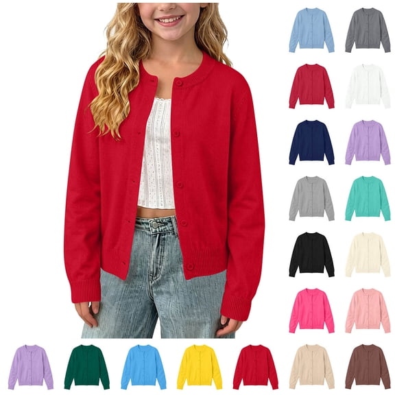 HAOTAGS Girls Button Front Knit Cardigan (1-11) Long Sleeve Round Neck Fleece Sweater for School Red Size 4T