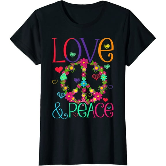 Women's T-Shirt Flower Power Hippie Costume Love Peace Shirt 60s 70s Retro Top Black Large