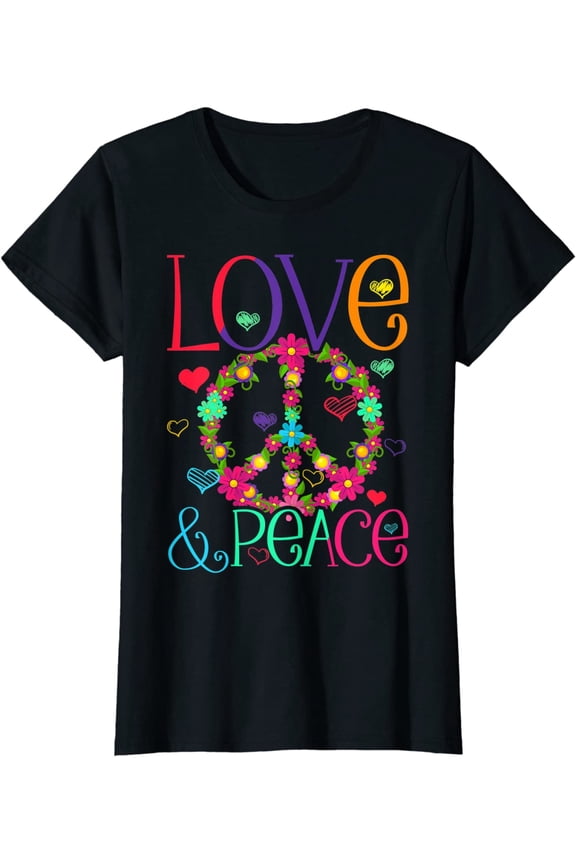 Women's T-Shirt Flower Power Hippie Costume Love Peace Shirt 60s 70s Retro Top Black Large