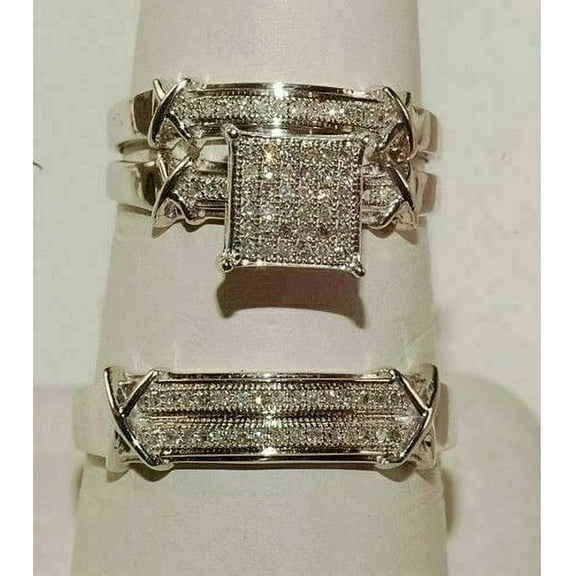 14K White Gold Plated 3Ct Round Cut Simulated Diamond His & Her Trio Engagement Ring Set